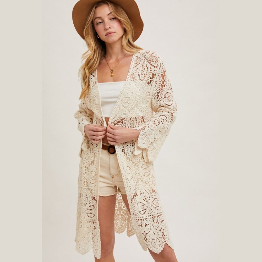 BLUIVY Boho Crochet Lace Duster Cardigan Cream Festival Beachwear